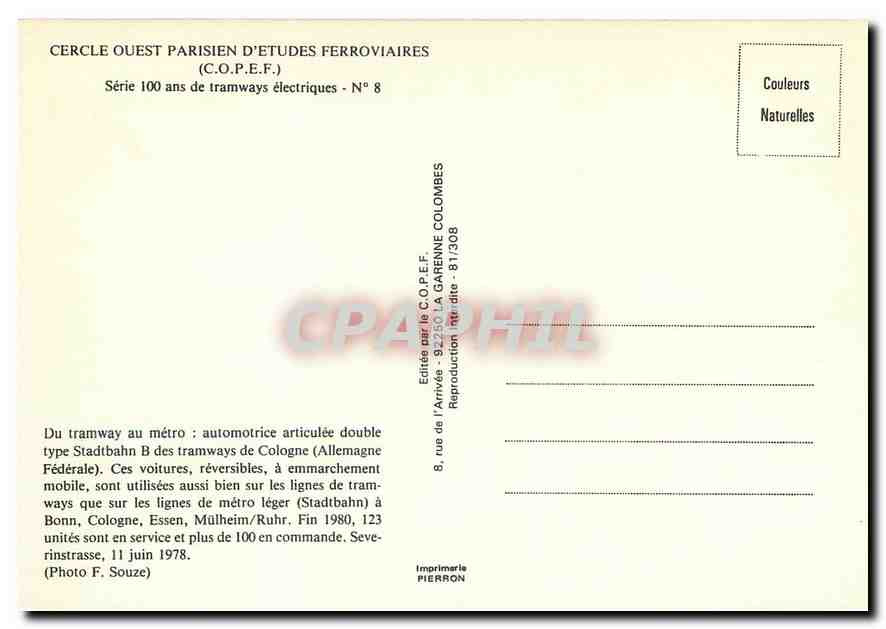 CPM Automotrice articulée double type Stadtbahn B des tramways de Cologne — Verso