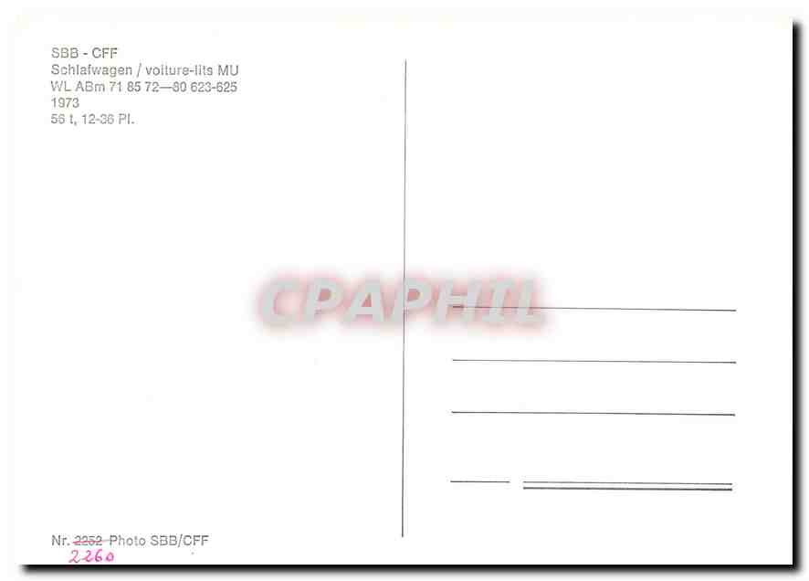 CPM SBB CFF voiture lits MU — Verso