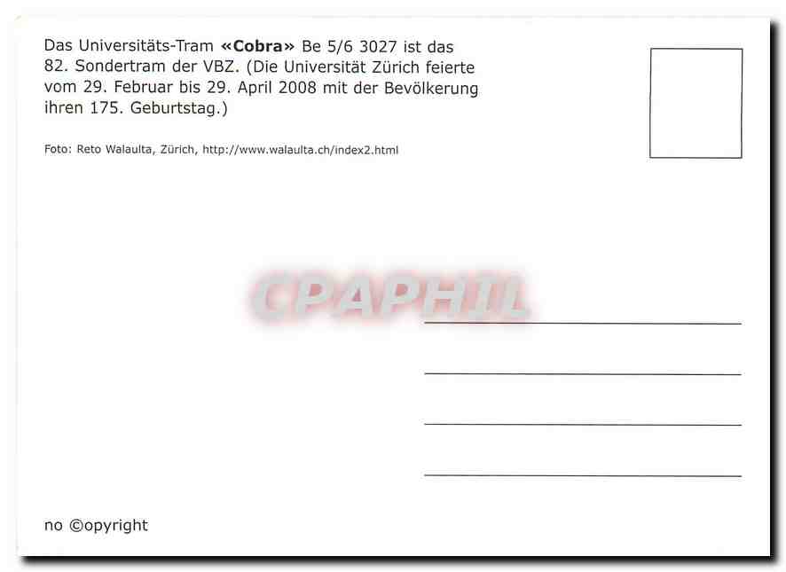 CPM Das universistats tram Cobra Sondertram der VBZ — Verso