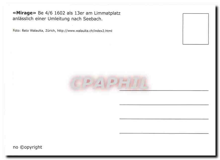 CPM Mirage am Limmatplatz anlasslich einer Umleitung nach Seebach — Verso