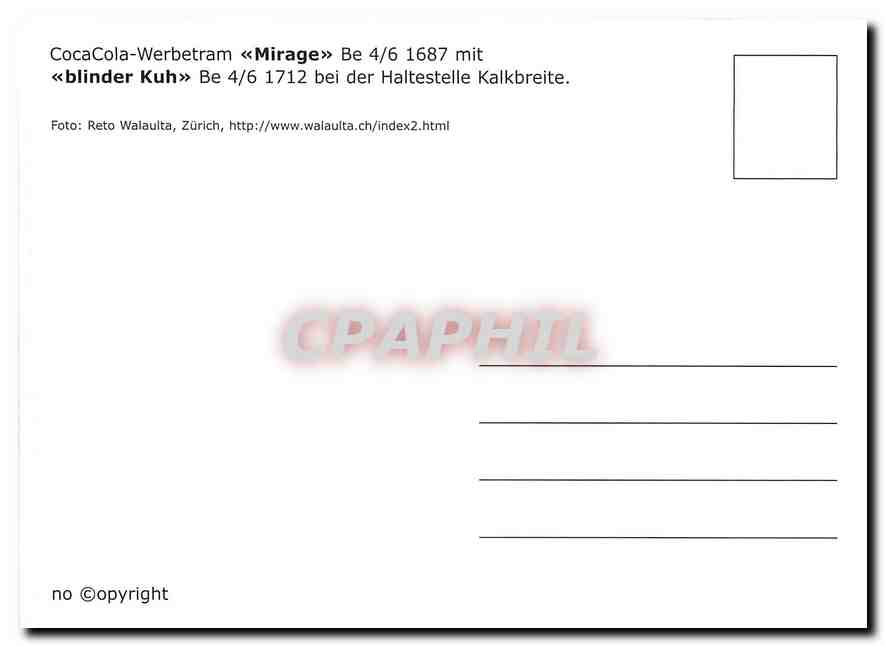 CPM Coca Cola Werbetram Mirage mit blinder Kuh der Haltestelle Kalkbreite — Verso