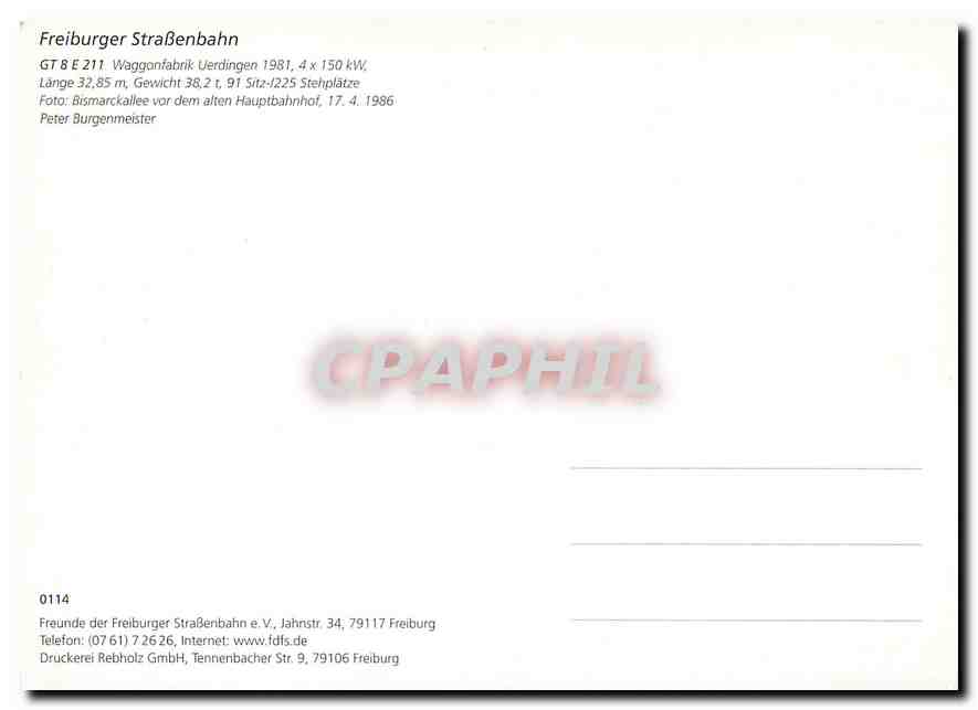 CPM Freiburger StrabBenbahn  Bismarckallee vor dem alten Hauptbahnhof 17 4 1986 — Verso