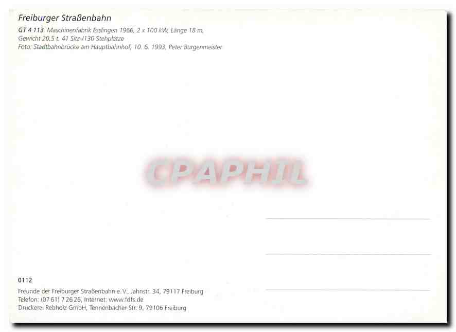 CPM Freiburger StraBenbahn Stadtbahnbrucke am Hauptbahnhof 10 6 1993 — Verso