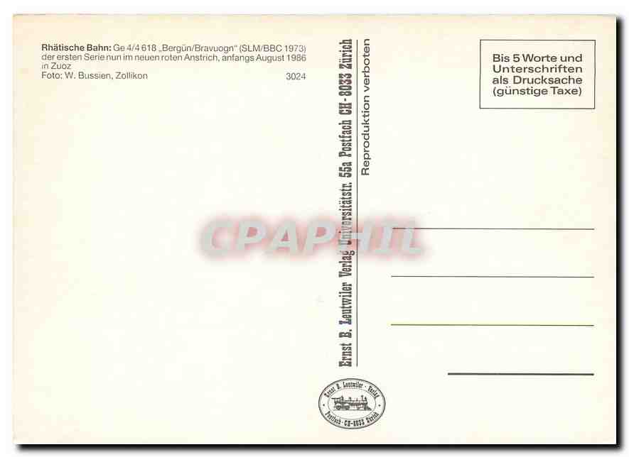 CPM Rhatische Bahn Zuoz — Verso