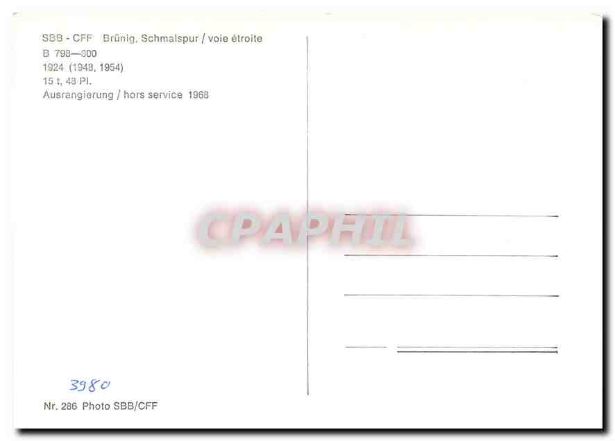 CPM SBB CFF Brunig voie étroite — Verso