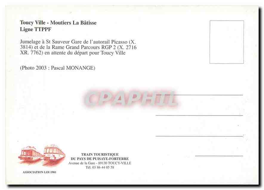 CPM Toucy ville jumelage à St Sauveur gare de l'autorail Picasso — Verso