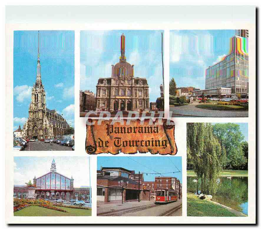 CPM Tourcoing église St Christophe hotel de ville centre général de Gaulle la gare le Mongy le parc