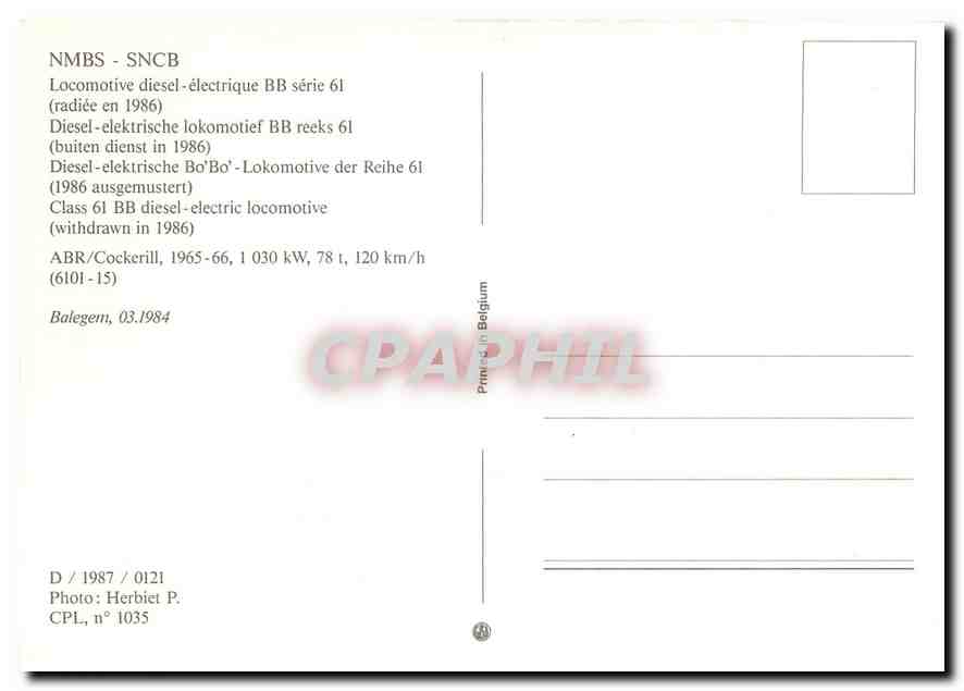 CPM NMBS SNCB locomotive diesel électrique  — Verso