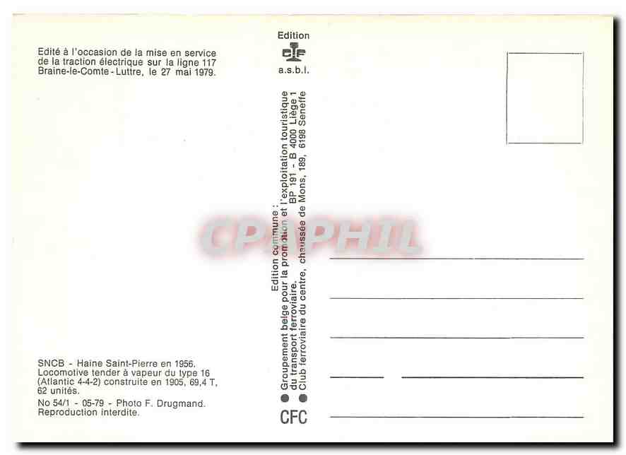 CPM SNCB Haine Saint Pierre locomotive tender à vapeur — Verso