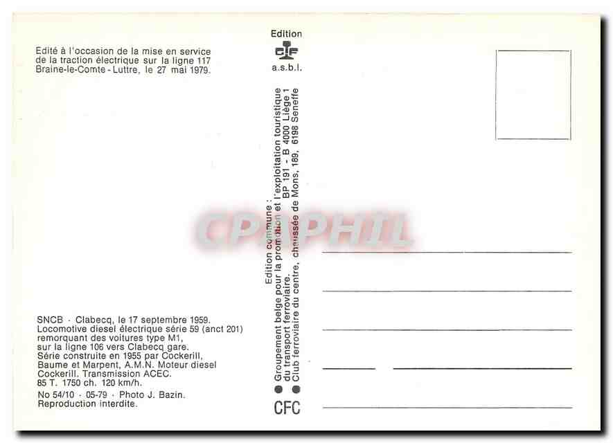 CPM SNCB locomotive diesel électrique remorquant des voitures vers Clabeca gare — Verso