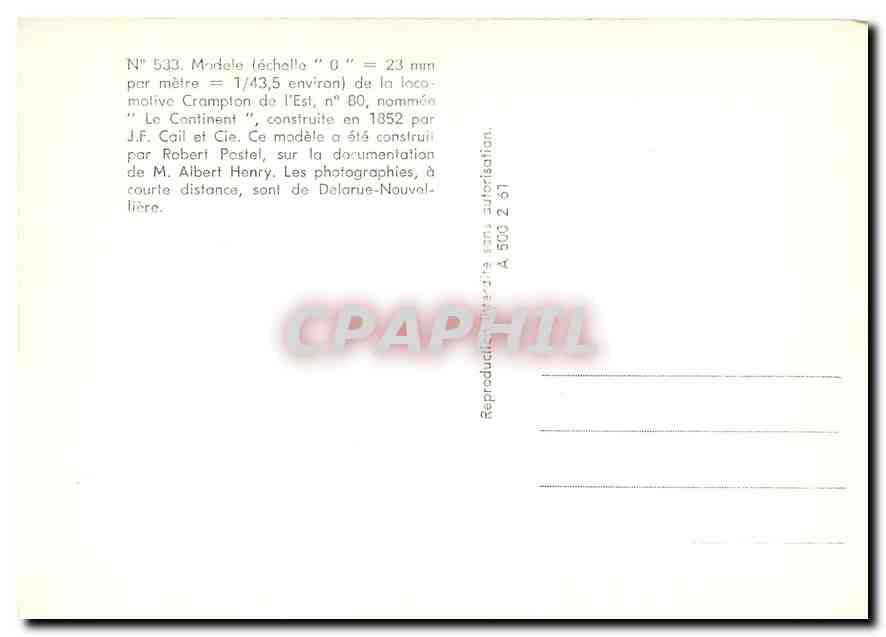 CPM Locomotive Crampton de l'Est nommée le Continent — Verso