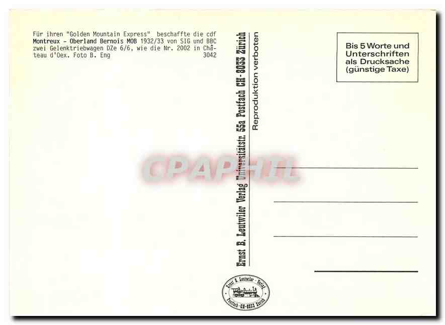CPM Golden Mountain Express Montreux Oberland Bernois — Verso