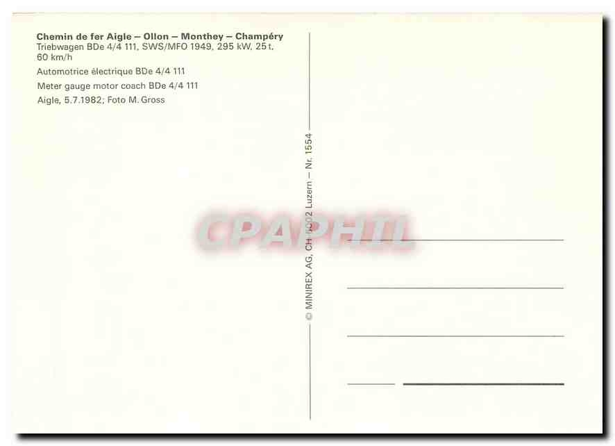 CPM Chemin de fer aigle Olion Monthey Champery — Verso