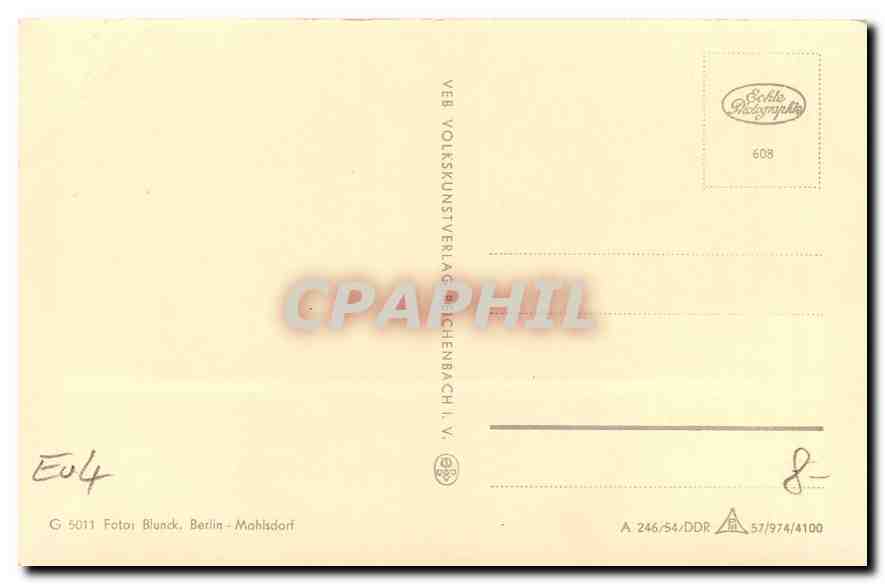 Jeune femme souriante sur une plage — éditeur VEB Volk Kunstverlag, Berlin-Mahlsdorf, n° 608 — Verso