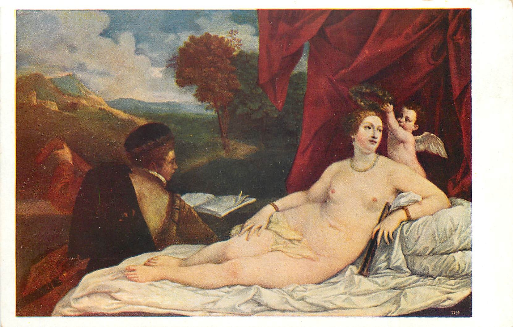 CPA Femme nue erotique Tizian Venus Cupidon