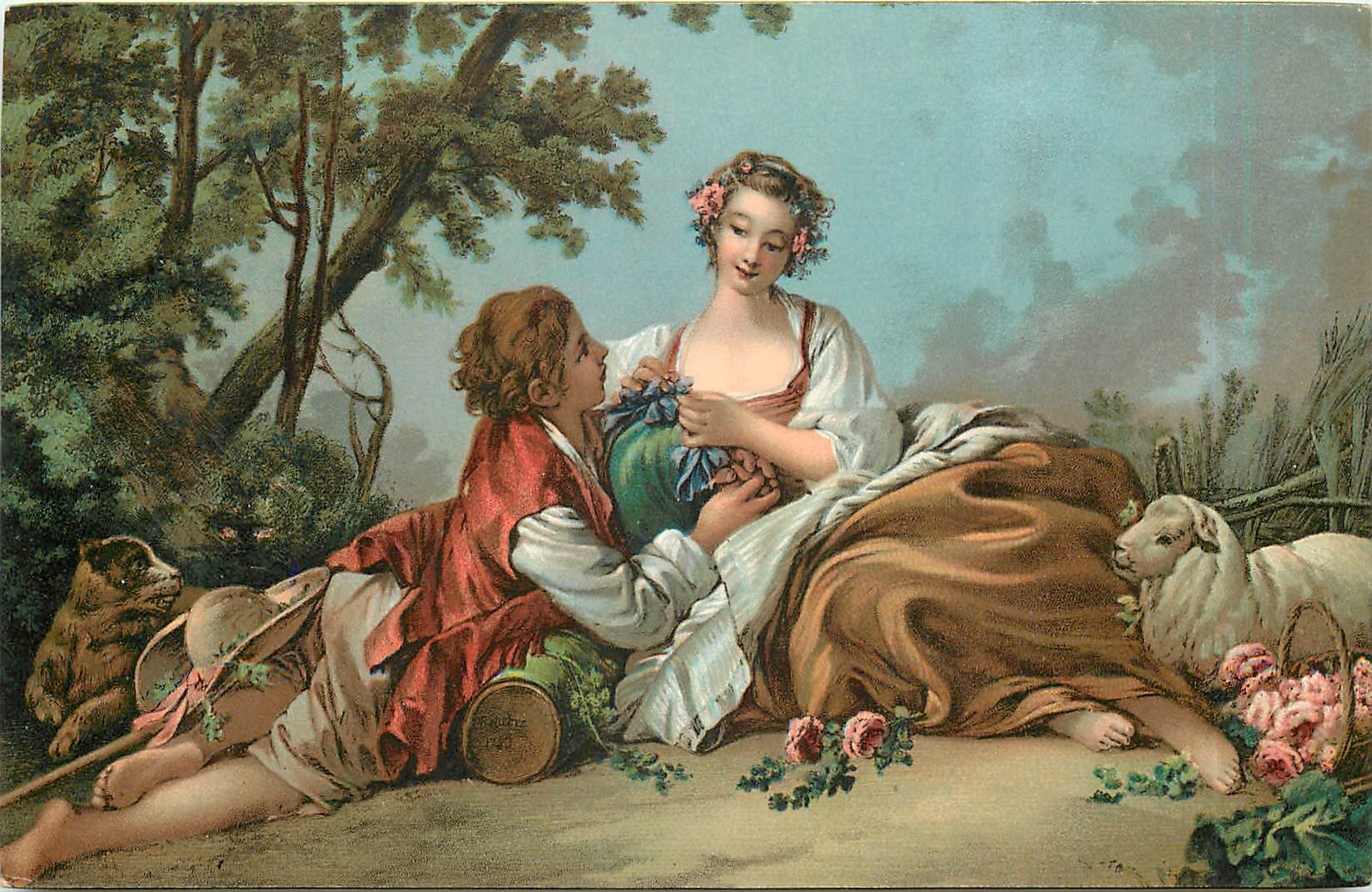 CPA Femme nue erotique Francois Boucher La bergere avec des fleurs