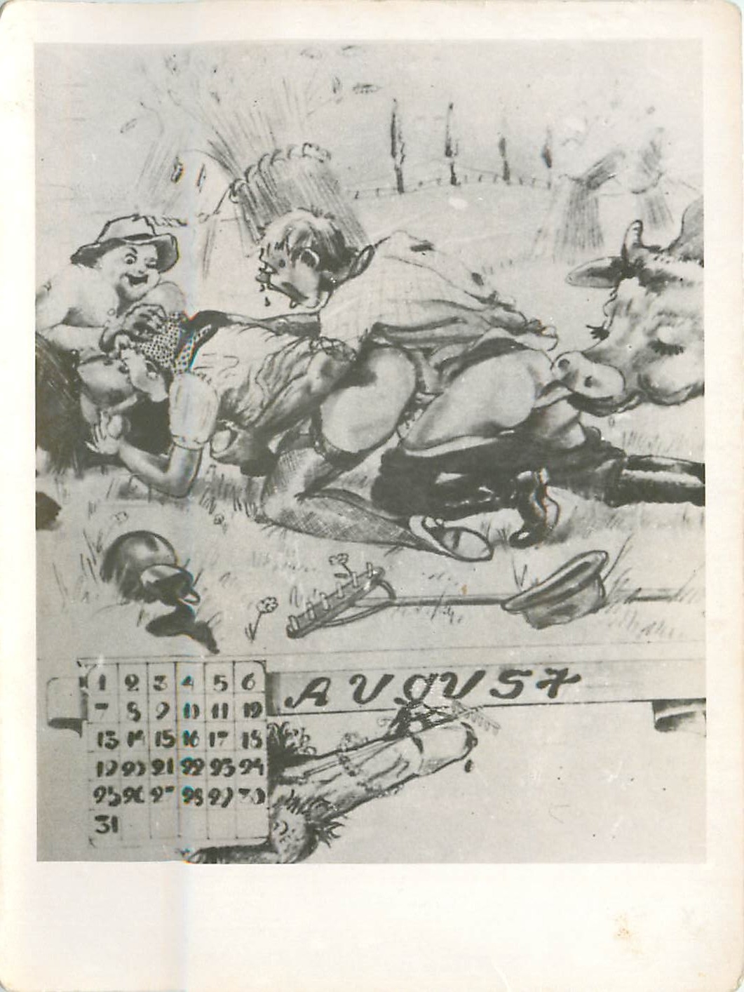 Scène de combat avec vache — calendrier d'août 1957 — éditeur non visible