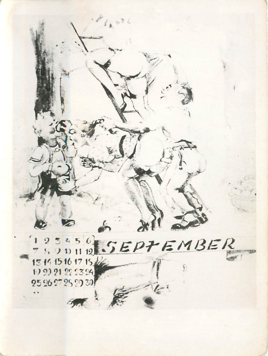 Calendario mes de septiembre — dibujo de niños jugando — editor CPAPHIL, número de serie ilegible