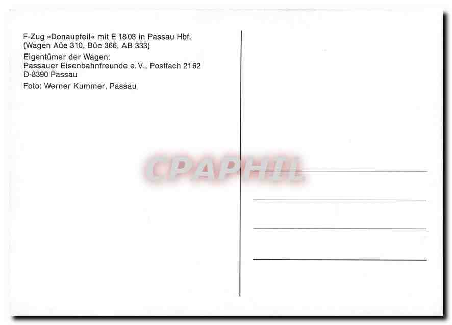 CPM Eigentumer der Wagen Passauer Eisenbahnfreunde eV Postfach 2162 D 8390 Passau  — Verso