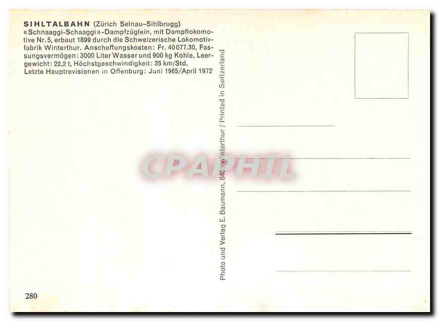 CPM Sihtalbahn Zurich Selmau Sihlbrugg Schnaagi Locomotive Nr 5  — Verso