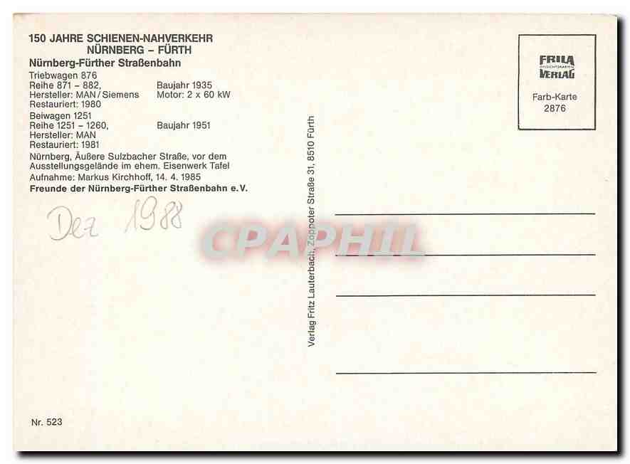 CPM Nurnberg Further Strassenbahn Triebwagen 876  — Verso