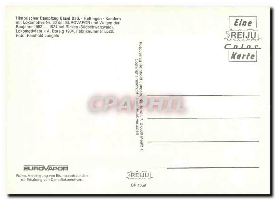 CPM Historischer Dampfzug Basel Bad Haltingen Kandern Locomotive Nr 30 der EUROVAPOR  — Verso