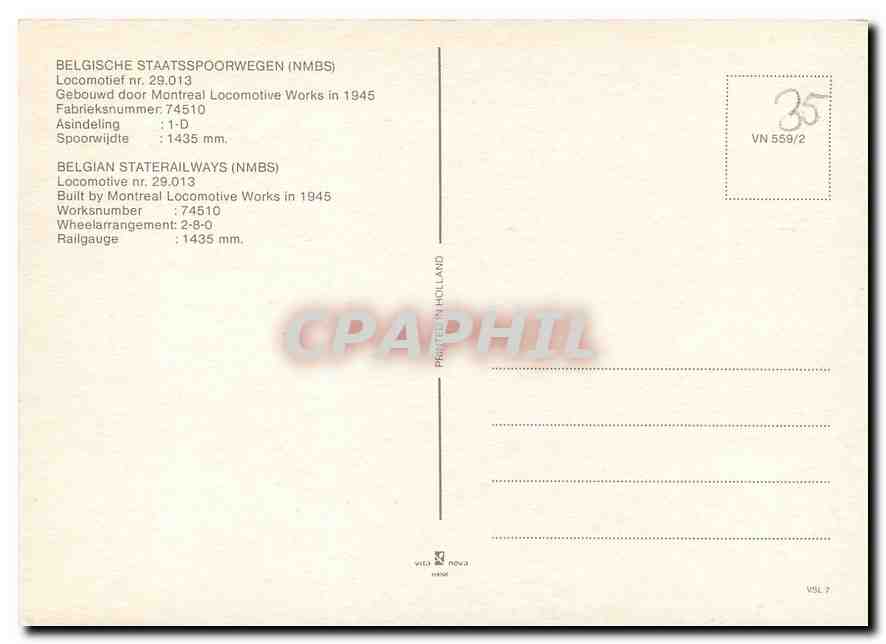 CPM Locomotive nr 29 013 Belgian State Railways NMBS  — Verso
