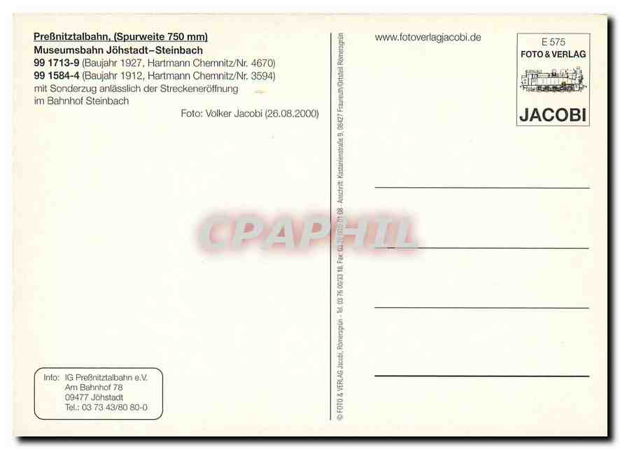 CPM Pressnitztalbahn Spurweite 750 mm Museumsbahn Johstadt Steinbach 99 1713 9 99 1584 4  — Verso
