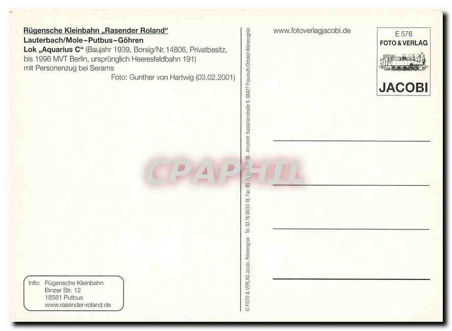 CPM Rugensche Kleinbahn Rasender Roland Lauterbach Mole Putbus Gohren Lok Aquarius C  — Verso