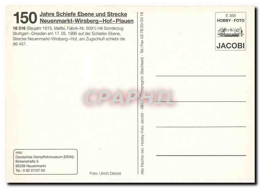 CPM 150 Jahre Schiefe Ebene Strecke Neuenmarkt Wirsberg Hof Plauen 18 316  — Verso
