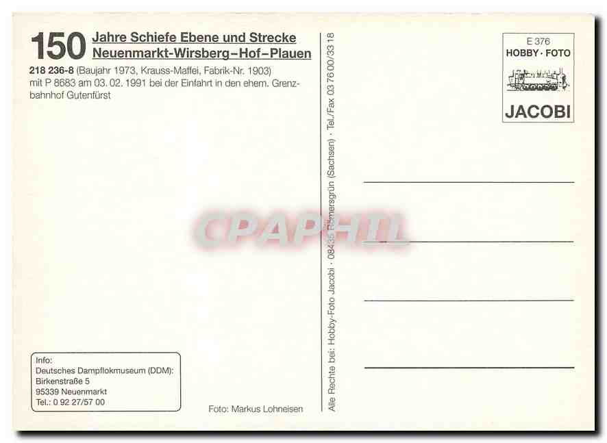 CPM 150 Jahre Schiefe Ebene Strecke Neuenmarkt Wirsberg Hof Plauen 218 236 8  — Verso