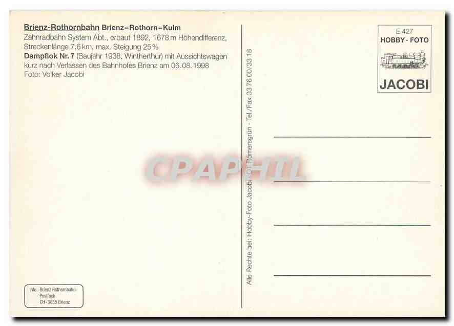 CPM Brienz Rothorn Kulm Dampflok nr 7  — Verso