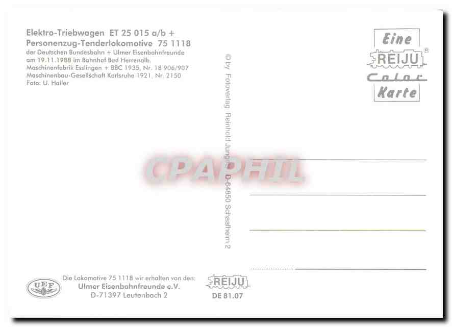 CPM Elektro Triebwagen ET 25 015 ab Locomotive 75 1118  — Verso