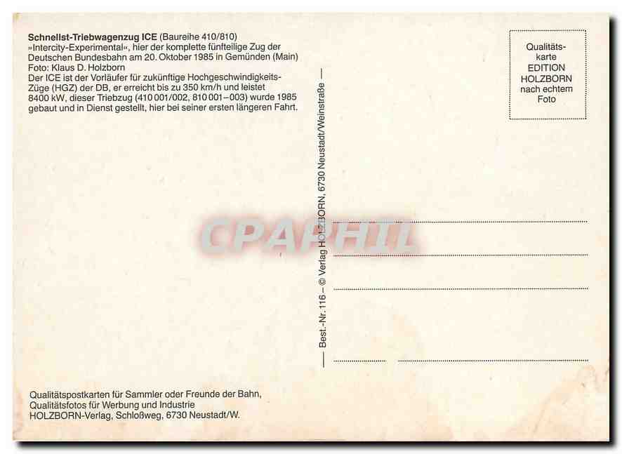 CPM Schnellst Triebwagenzung ICE InterCity Experimental  — Verso