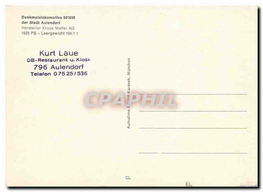 CPM Locomotive 501650 der Stadt Aulendorf  — Verso