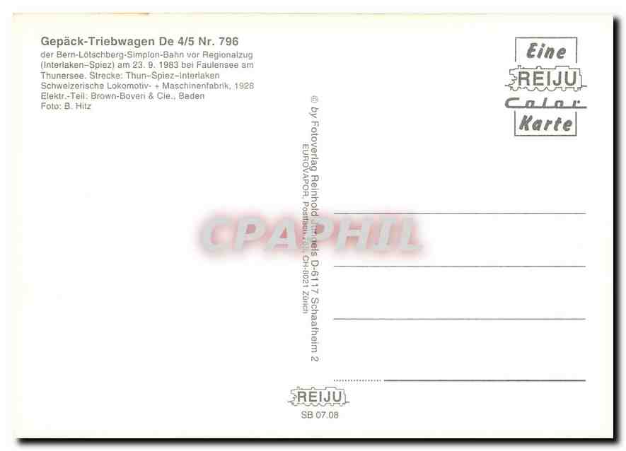 CPM Gepack Triebwagen De 4 5 Nr 796 der Bern Lotschberg Simplon Bahn  — Verso