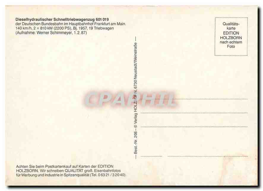 CPM Dieselhydraulischer Schnelltriebwagenzug 601 019 der Deutschen Bundesbahn im Hauptbahnhof Frankf — Verso