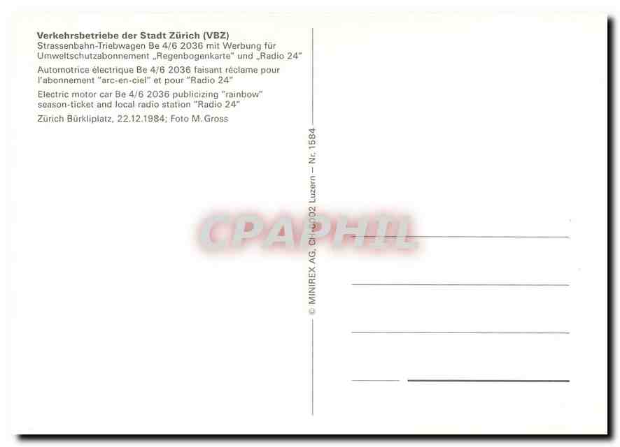 CPM Verkehrsbetriebe der Stadt Zurich Electric motor car Be 4 6 2036 publicizing rainbow season tick — Verso
