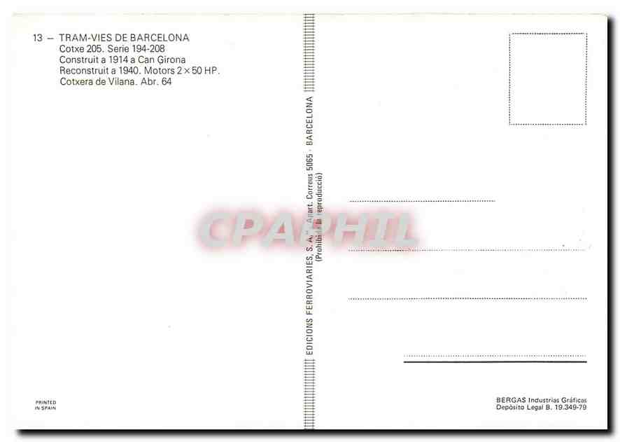 CPM Tram vies de Barcelona Cotxe 205  — Verso