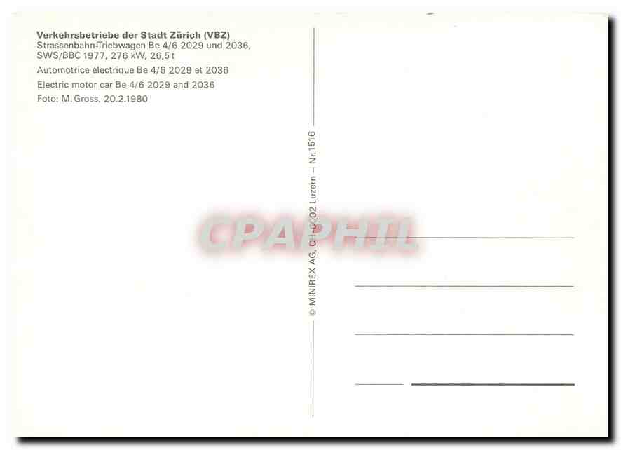 CPM Verkehrsbetriebe der Stadt Zurich Electric motor car Be 4 6 2029 and 2036  — Verso