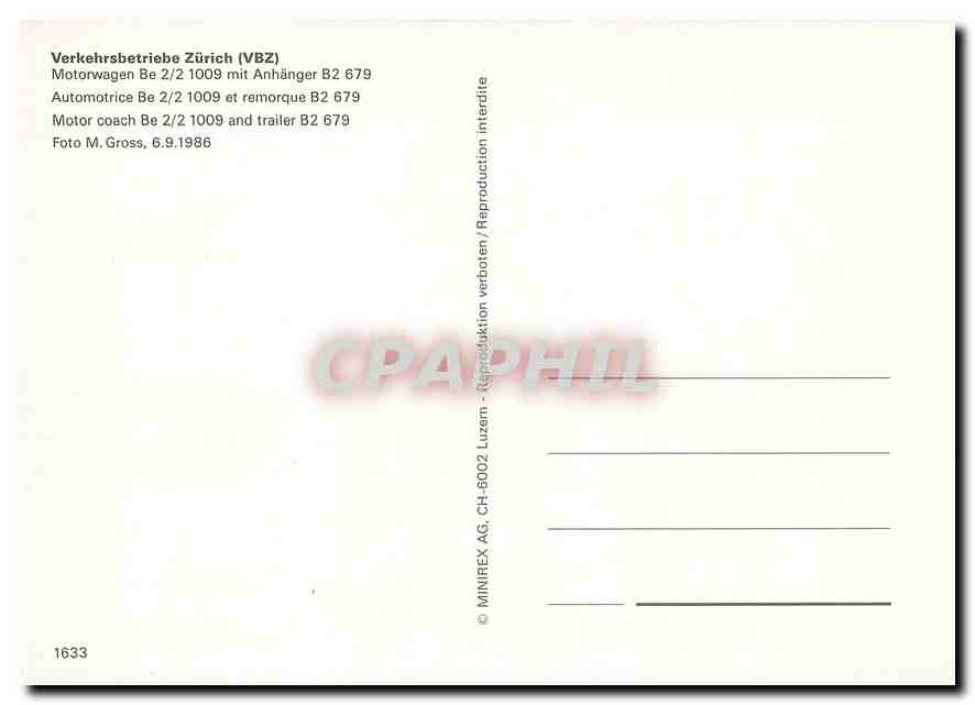 CPM Verkehrsbetriebe Zurich Motor coach Be 2 2 1009 and trailer B2 679  — Verso