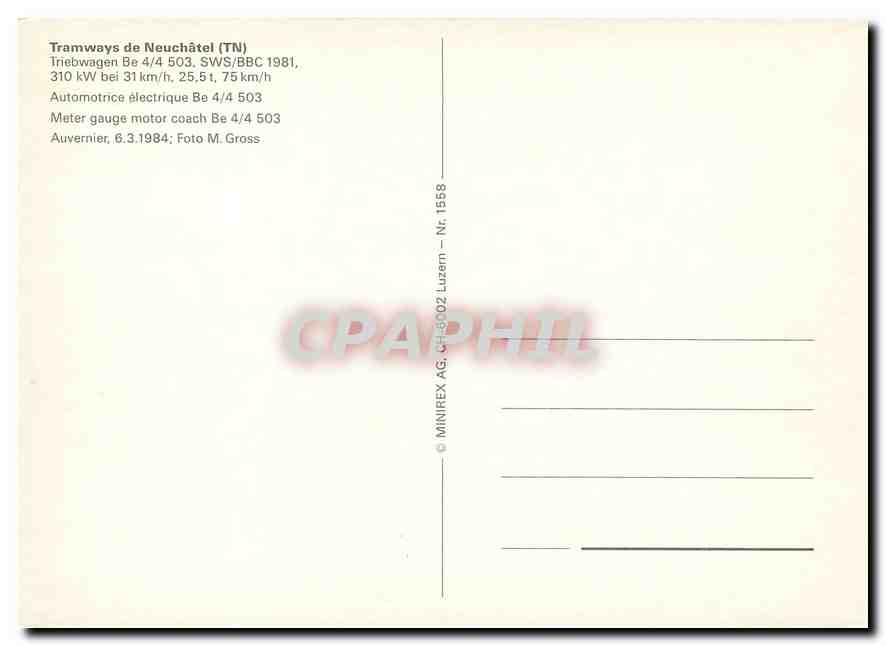 CPM Tramways de Neuchatel Meter gauge motor coach Be 4 4 503  — Verso