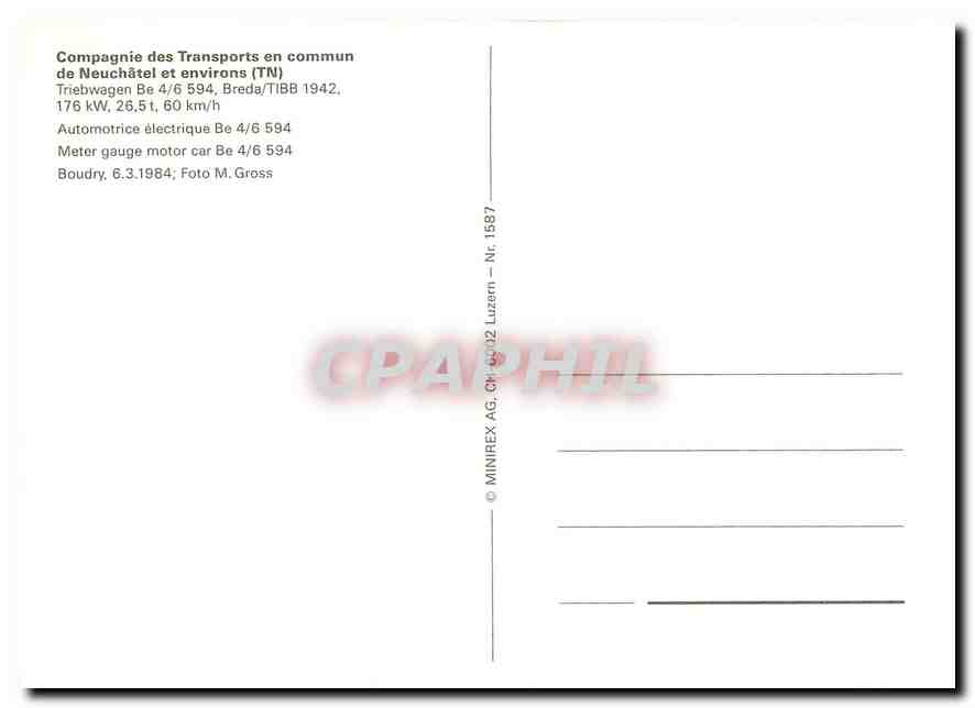 CPM Compagnie des Transports en commun de Neuchatel et environs Meter gauge motor car Be 4 6 594  — Verso