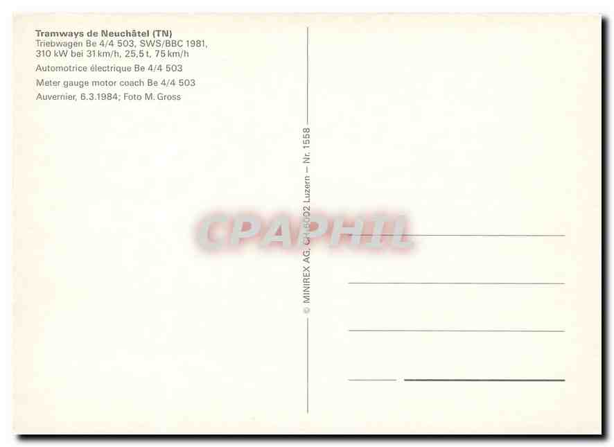 CPM Tramways de Neuchatel Meter gauge motor coach Be 4 4 503  — Verso