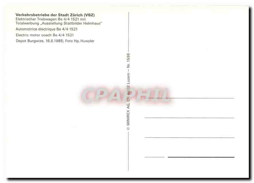 CPM Verkehrsbetriebe der Stadt Zurich Electric motor coach Be 4 4 1521  — Verso