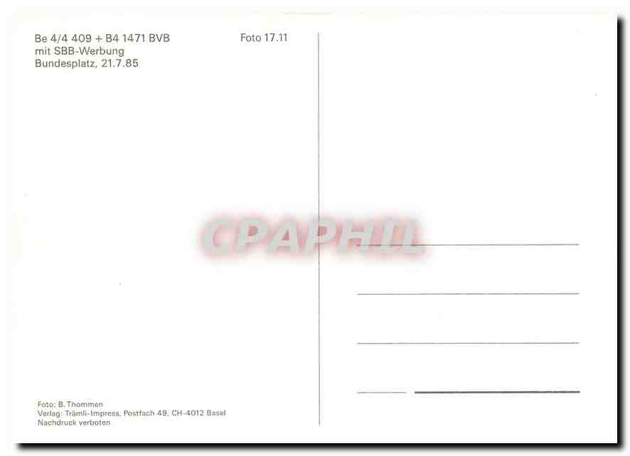 CPM Tram Be 4 4 409 B4 1471 BVB mit SBB Werbung  — Verso