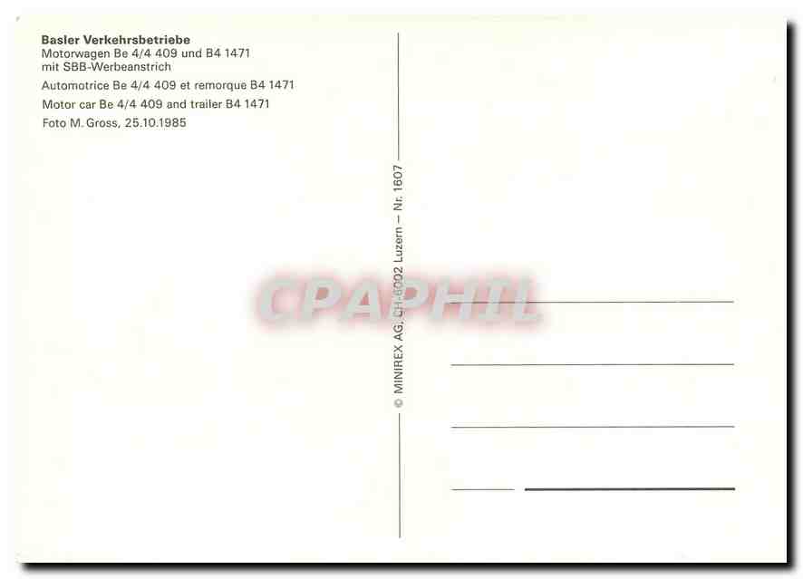CPM Basker Verkehrsbetriebe Motor car Be 4 4 409 and trailer Bs 1471  — Rückseite