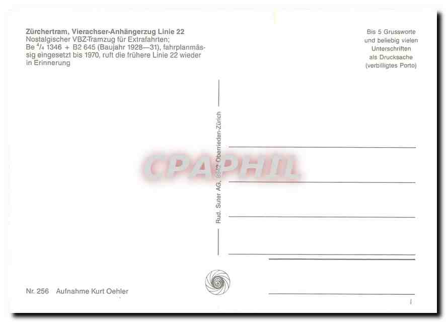 cPM Zurchermtram Vierachser Anhangerzug Linie 22 Be 4 4 1346  — Rückseite