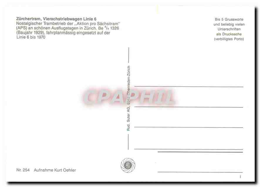 cPM Zurchertram Vierachstriebwagen Linie 6 Be 4 4 1326  — Rückseite