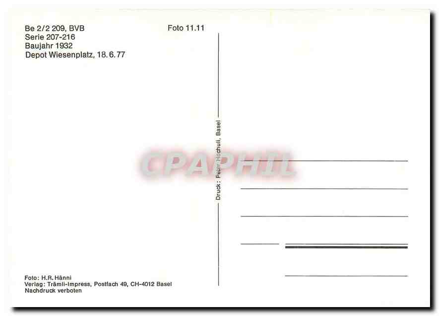 cPM Tram Be 2 2 209 BVB Serie 207 216  — Verso